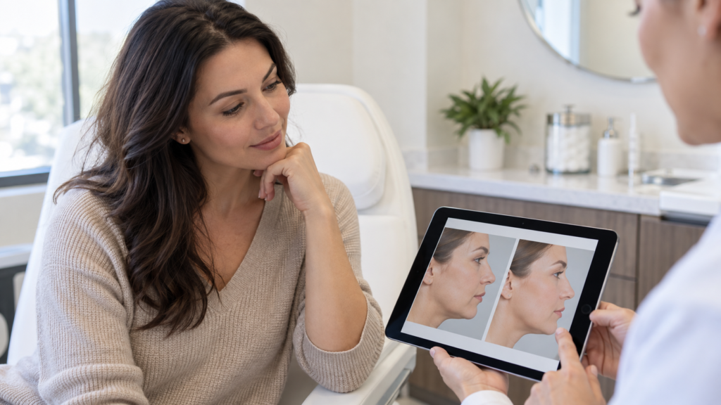patient viewing plastic surgery before and after photos